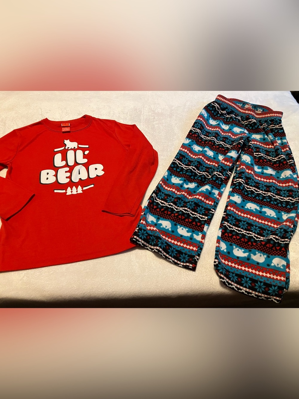 Lil Bear Red Kids Pajama Set with Patterned Blue Pants